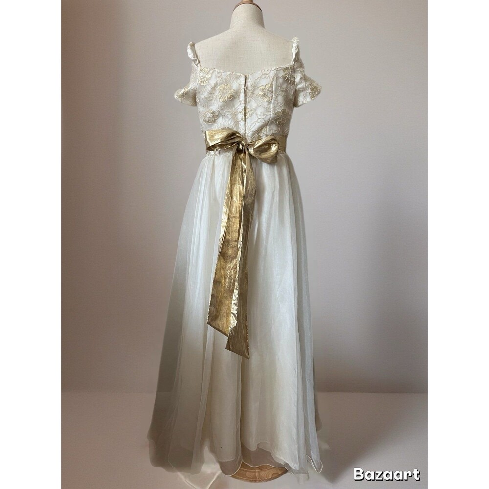 1950s Vintage Handmade Gold & Cream Girls Bridal Flower Girl Gown Dress sz 4-8 - Picture 3 of 6